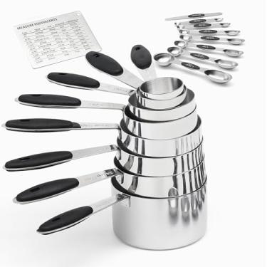 Imagem de Conjunto de medidores de aço inoxidável de 17 peças, copos de medição e colheres com nivelador, tabela de conversão magnética, preto