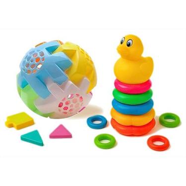 Imagem de Kit Brinquedos Educativos Bola Didática Peças para Encaixar e Patinho 