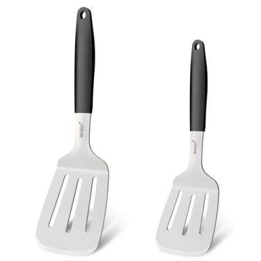Imagem de Beijiyi Conjunto de espátulas de aço inoxidável de 2 peças, espátulas de metal resistente para frigideira de ferro fundido e grelhar com alça de silicone, flipper para bife, hambúrguer e ovos