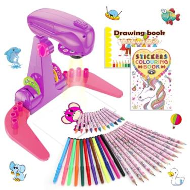 Imagem de Projetor de desenho para crianças, kit de arte e artesanato, brinquedos para meninas a partir de 3 anos, incluindo lápis de cor, giz de cera, livros de colorir, estêncil de desenho, etc., presente