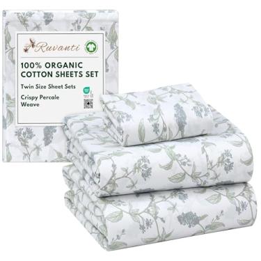 Imagem de RUVANTI Lençóis de solteiro 100% algodão orgânico, tecido percal, certificado GOTS, conjunto de 3 peças, bolso profundo 38 cm, fresco e respirável, roupa de cama macia e durável, Sábanas Algodón