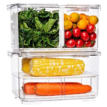 Imagem de Recipiente de armazenamento de alimentos com tampas e ventilações, recipientes de armazenamento de frutas vegetais empilháveis para salada e alface para geladeira, conjunto de 2