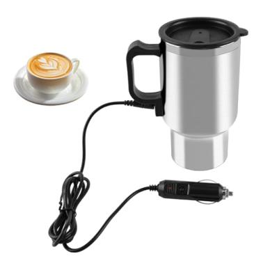 Imagem de Ufurty Caneca Térmica Aquecida Para Carro 12V, Aço Inoxidável, Viagem, Com Isolamento Térmico, Café, Chaleira De 450Ml Água, Leite, Chá (Prata, Interna)