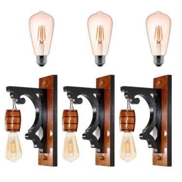 Imagem de Kit 3 Luminárias de Parede Arandela Colonial Barril em Madeira Maciça 