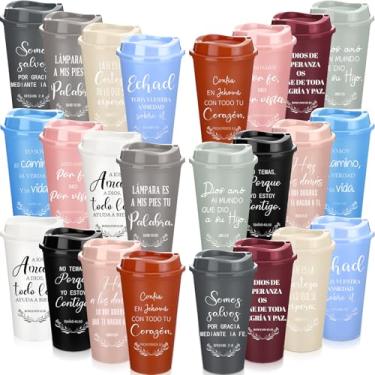 Imagem de Zhehao Copos de café cristãos espanhóis de 473 ml, reutilizáveis, versículo da Bíblia religiosa, copos de plástico a granel com tampas, caneca de viagem para presentes cristãos inspiradores para