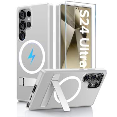 Imagem de Capa para Samsung Galaxy S24 Ultra com suporte [com protetor de tela] Carregamento sem fio, capa antiimpressões digitais, proteção à prova de choque, capa magnética para Galaxy S24 Ultra 5G com