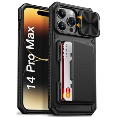 Imagem de Vihibii Capa para iPhone 14 Pro Max com suporte para cartão (4 cartões) [bloqueio RFID] e capa de câmera deslizante, proteção contra quedas de grau militar, capa carteira rígida robusta e borda de