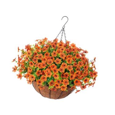 Imagem de IEUDNS Flores artificiais penduradas em cesta, arranjo de flores em cesta suspensa, vaso com revestimento de para quintal, pátio, gramado, Laranja