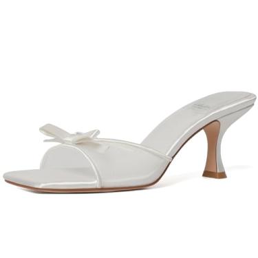 Imagem de Mostrin Salto gatinho feminino bico redondo com laço vintage mules sexy sem cadarço stiletto frente única sandálias para festa diária, Branco #03, 39