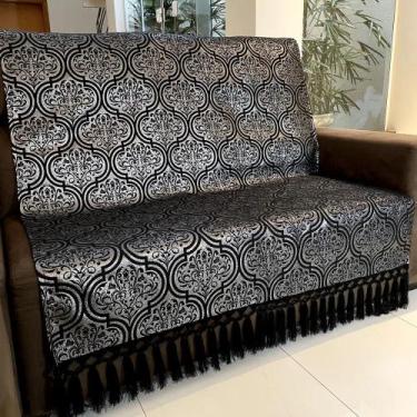Imagem de Manta Para Sofá Tecido Jacquard Luxo Arabesco Preto e Prata190x140cm -