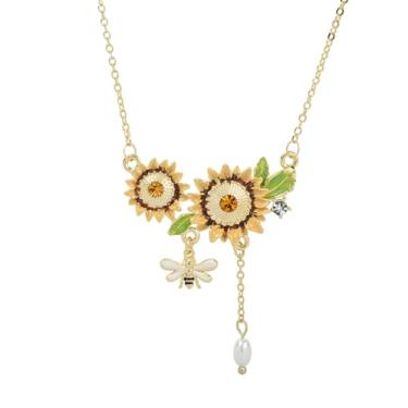 Imagem de Colar com pingente de girassol esmaltado com gota de pérola e pingente de abelha, corrente de ouro, feito à mão, 18 Inches, Metal Esmalte metal, Cristal