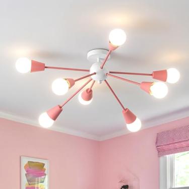 Imagem de Ymlii Luminária de teto para lustre Sputnik rosa, luminária Sputnik moderna de 8 luzes com base E26, luminária de teto com montagem semi embutida para quarto, cozinha, sala de jantar, entrada