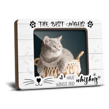 Imagem de Molduras magnéticas pretas de geladeira para amantes de animais de estimação, presente memorial para perda de gato, decoração de geladeira, Os melhores anjos têm asas e bigodes, molduras de madeira 6