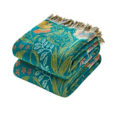 Imagem de Cobertor Boho – 127 cm x 152 cm, 100% algodão, macio, respirável, leve, cobertor de musselina reversível, para outono, verde, floral, decoração de casa de fazenda, colcha rústica para sofá