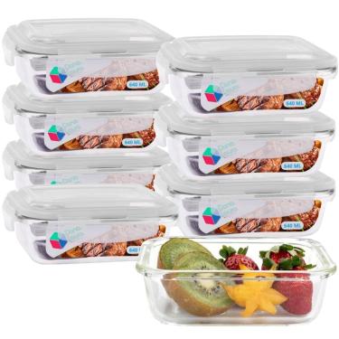 Imagem de Jogo 8 Potes Marmitas Fitness 640ml Vidro Retangular Tampa Hermetico