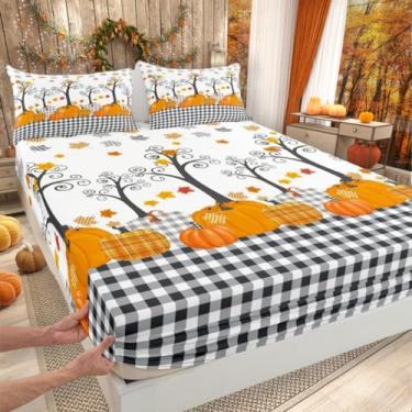 Imagem de Jogo de lençol casal com elástico de abóbora, decoração de casa/casa de campo, preto e branco, xadrez, Halloween, árvores de bordo, colheita de outono, lençol rústico, 3 peças, 2 fronhas