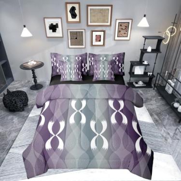 Imagem de Erosebridal Conjunto de edredom Queen roxo escuro e cinza, listras listradas, ombré, para meninos e meninas, 7 peças, moderno, geométrico, gradiente