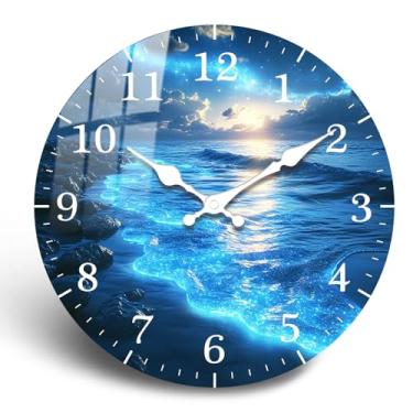 Imagem de PENGHONG Relógio de parede de madeira da costa grande, 40,6 cm, lágrimas azuis, relógio de parede de praia, relógio analógico silencioso moderno para escritório, decoração de sala de estar, operado