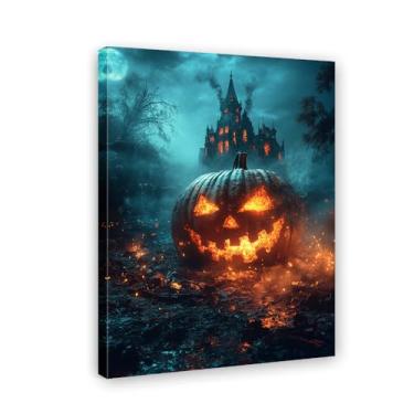 Imagem de Pintura de arte de parede de Halloween Impressão em tela de castelo enevoado amigável - decoração de parede engraçada céu estrelado abóbora para crianças pôster de Halloween (emoldurado/sem moldura