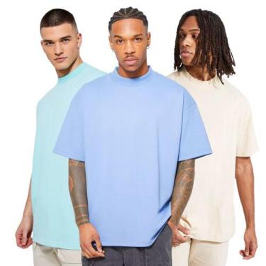 Imagem de Kit 3 Camisetas Oversized Marfim, Azul Opala, Verde Bebê Algodão - Di 