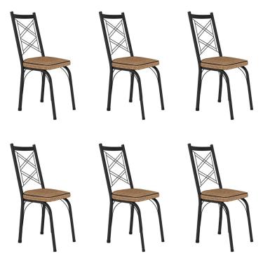 Imagem de Kit 6 Cadeiras de Cozinha Delaware Estampado Rattan Bege Pés de Ferro Preto - Pallazio