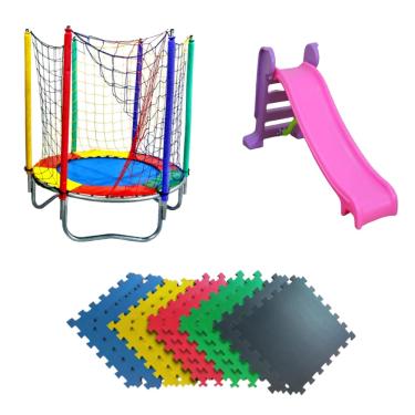 Imagem de Kit Brinquedos Infantis Cama Elástica 1,40m com Escorregador Médio Amarelo e Tatame EVA - Playtime