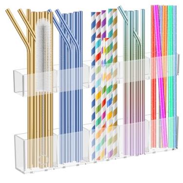 Imagem de Suporte de canudo para porta de armário - Organizador de canudo de acrílico grande de 24 cm com fita adesiva forte recipiente de armazenamento de canudos para armário dispensador de canudos para