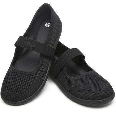 Imagem de Waluzs Sapatos rasos femininos com bico largo, sapatilha de balé de malha, vestido Mary Jane, de largura larga, sem cadarço com alça, Preto completo, 38
