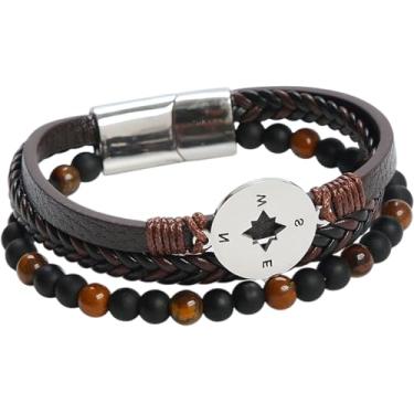 Imagem de Vendioer Pulseira masculina de couro sintético sintético de poliuretano e contas trançadas, couro Vergan, ouro e prata, fecho de pedra e bússola projetadas em preto azul e marrom, One Size, Couro