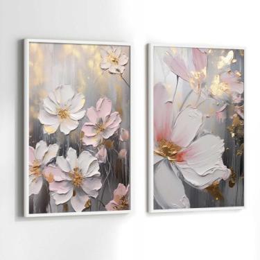 Imagem de Conjunto Quadros Decorativos com Moldura Arte Pintura Flores Branca Ki