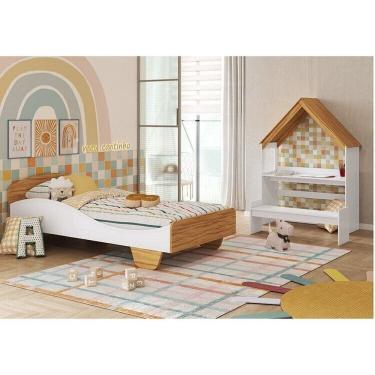 Imagem de Quarto Infantil com Cama Mesa Casinha e Banco Olívia 100% MDF Espresso Móveis Branco Brilho/Amêndoa