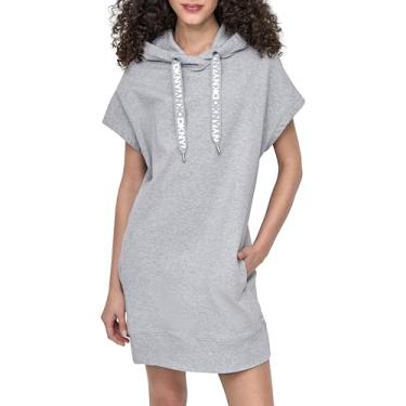 Imagem de DKNY Vestido feminino com capuz e logotipo em dois tons de manga curta, Cinza perolado mesclado, P
