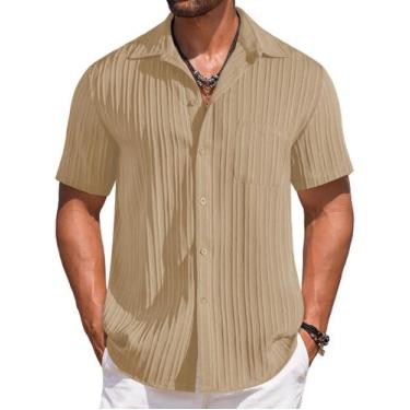 Imagem de Camisa masculina COOFANDY de linho de manga curta com botões Kahki