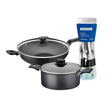 Imagem de Caçarola Turim Alumínio Chumbo Antiaderente 2,8l + Faqueiro Ipanema 24pc + Wok Loreto 3,3l
