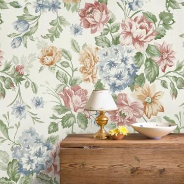 Imagem de Aniboo Papel de parede floral vintage de contato floral para armários e gavetas, papel de parede de hortênsia autoadesivo removível para quarto, banheiro, impermeável, retrô, 190 cm C 43 cm L