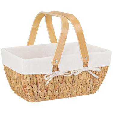 Imagem de Cesta de vime com forro lavável, cestas de presente vazias com alça de madeira, branca