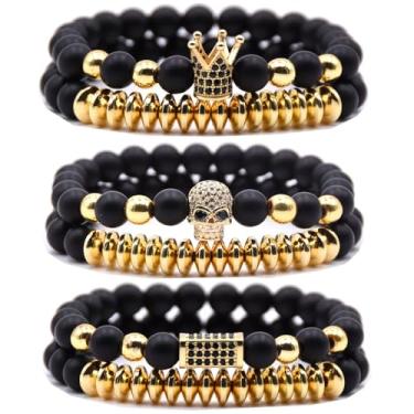 Imagem de HYHONEY Pulseira de contas micro pavê de zircão coroa rei 8 mm para homens e mulheres pulseira de casal preto natural fosco ônix contas de hematita elástico ajustável, One Size, Pedra, Zircônia