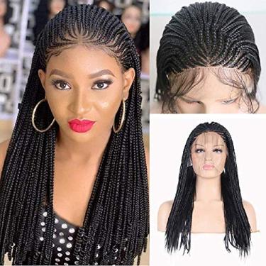 Imagem de RDY Perucas pretas trançadas com tela frontal para mulheres negras, peruca sintética de linha do cabelo natural pré-aparada sem cola (densidade 180%, estilo2)
