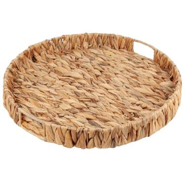 Imagem de Bandeja redonda para servir em vime grande com alças para mesa de centro, bandeja de jacinto de água natural de 40 cm tecida à mão