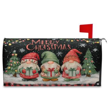 Imagem de Pfrewn Capa de caixa de correio de Natal, inverno, tamanho padrão magnético, 53 x 45 cm, gnomo com presentes, luz, árvore de Natal, cartas, capas para decoração de jardim