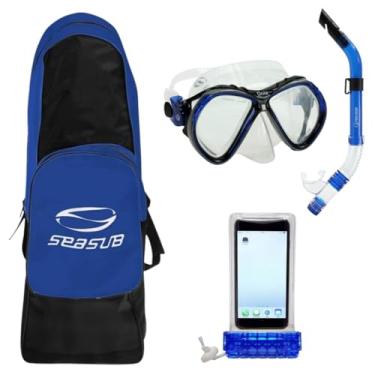 Imagem de Seasub Kit Completo de Mergulho, Mochila Básica Azul e Preta 69x22x16cm, Máscara Onix com Vidro Temperado, Respirador SK-09, Capinha Celular à Prova d'Água (Transp/Azul)