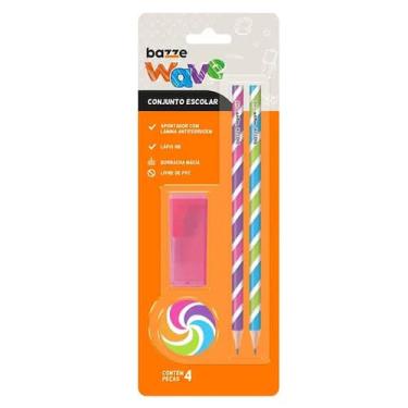 Imagem de Conjunto Escolar Wave Bazze - Lápis, Apontador e Borracha (4 Peças)