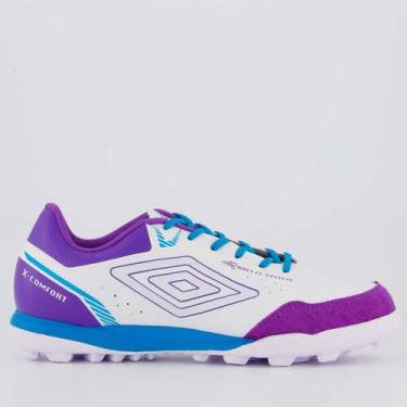 Imagem de Chuteira Umbro X-Confort Society Branca e Roxa, 43