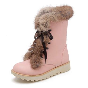 Imagem de Bigfanshu Botas femininas de inverno com plataforma antiderrapante de pele femininas impermeáveis no tornozelo botas de neve quentes sapatos de salto anabela moda ao ar livre para ocasiões de abertura com gancho e laço botas de combate acima do joelho, Rosa, 37 BR