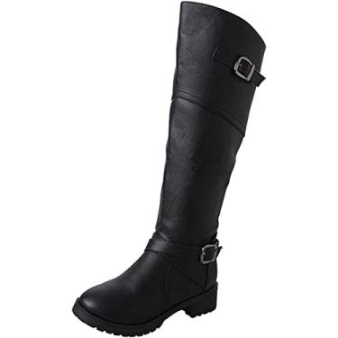 Imagem de Botas de salto médio com fivela, botas de couro cano alto, sapatos longos e salto retrô, Preto, 39 BR