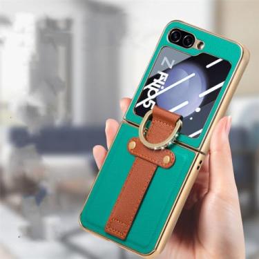 Imagem de Capa de couro para celular para Samsung Galaxy Z Flip 5 Flip5 Flip4 Flip 4 5G Proteção contra quedas Capa de filme de vidro temperado, verde, para Samsung Z Flip 5