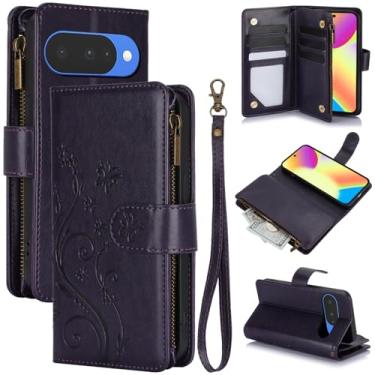 Imagem de Capa carteira para Google Pixel 9, couro sintético e TPU à prova de choque, 6 compartimentos para cartões/compartimento para dinheiro/bolso com zíper, fecho magnético, alça de pulso removível, suporte