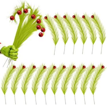 Imagem de Artmag 16 peças de topo de árvore de Natal, 43 cm, vermelho, verde, artificial, hastes verdes, enfeites de palitos de árvore com bola vermelha para decoração de guirlanda de lareira de Natal