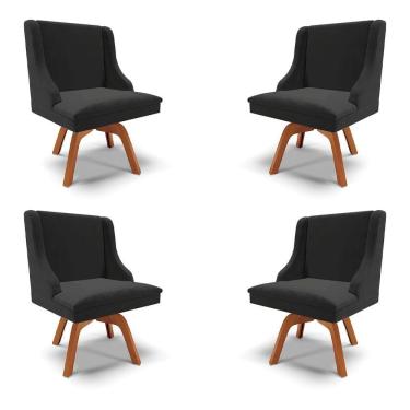 Imagem de Kit 4 Cadeiras Decorativas Sala De Jantar Base Giratória De Madeira Firenze Veludo Preto/natural G19