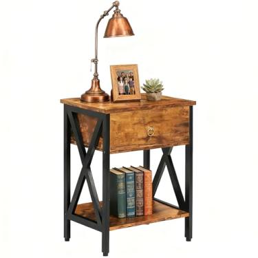 Imagem de JMLHMXC Mesas de cabeceira industriais de cabeceira com gaveta e prateleira de armazenamento, mesa lateral pequena para quarto, sala de estar, sofá e sofá, marrom